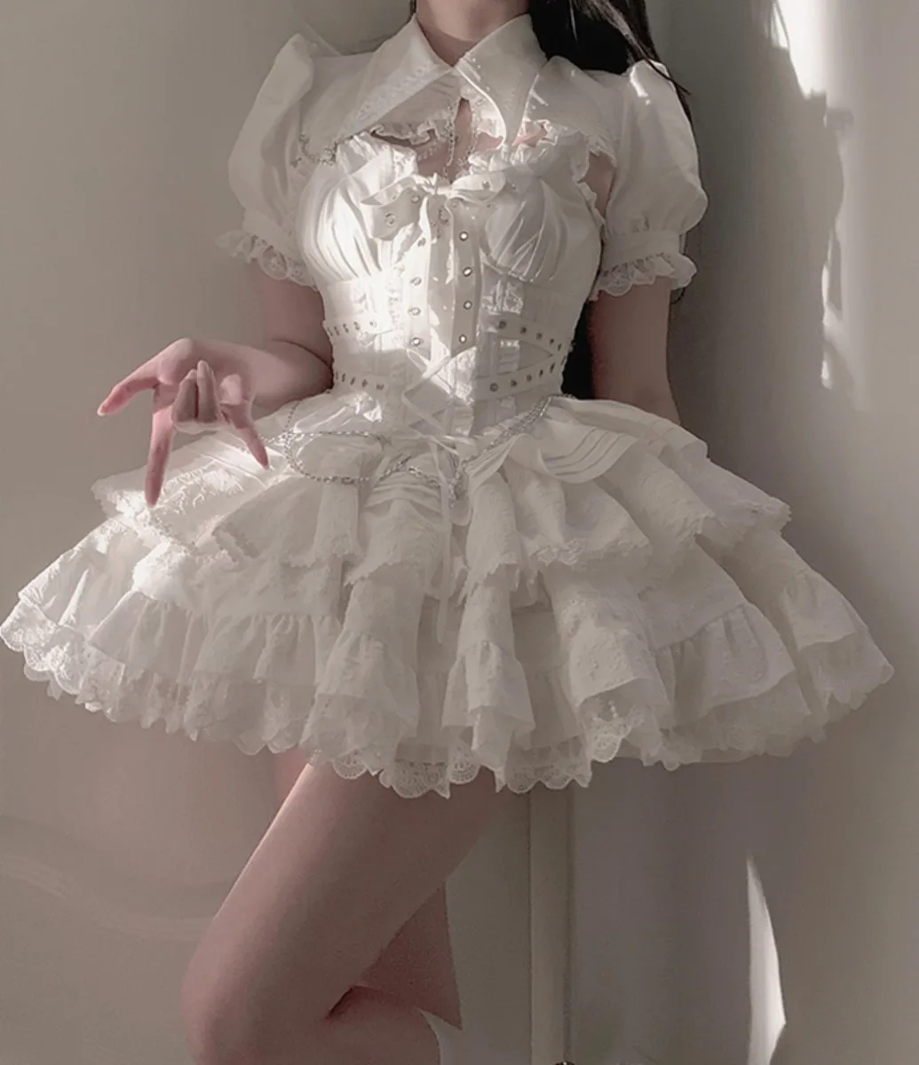 Japanese Punk Sweet Style Cosplay Girls Jsk Lolita Kawaii Helloween Lace Cross Ribbon Metal Chain Edge Of Lotus Leaf Dress
