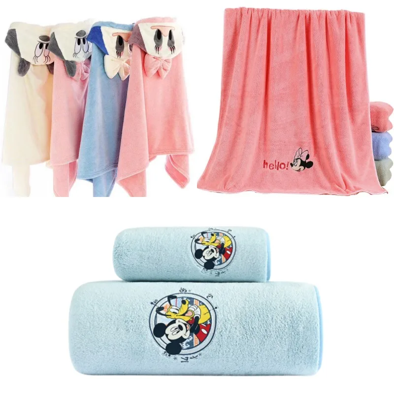 

Disney Mickey Mouse Bath Towels Children's Hooded Bathrobes Home Travel Swimming Coral Velvet Thickened Absorbent Towel Set Gift