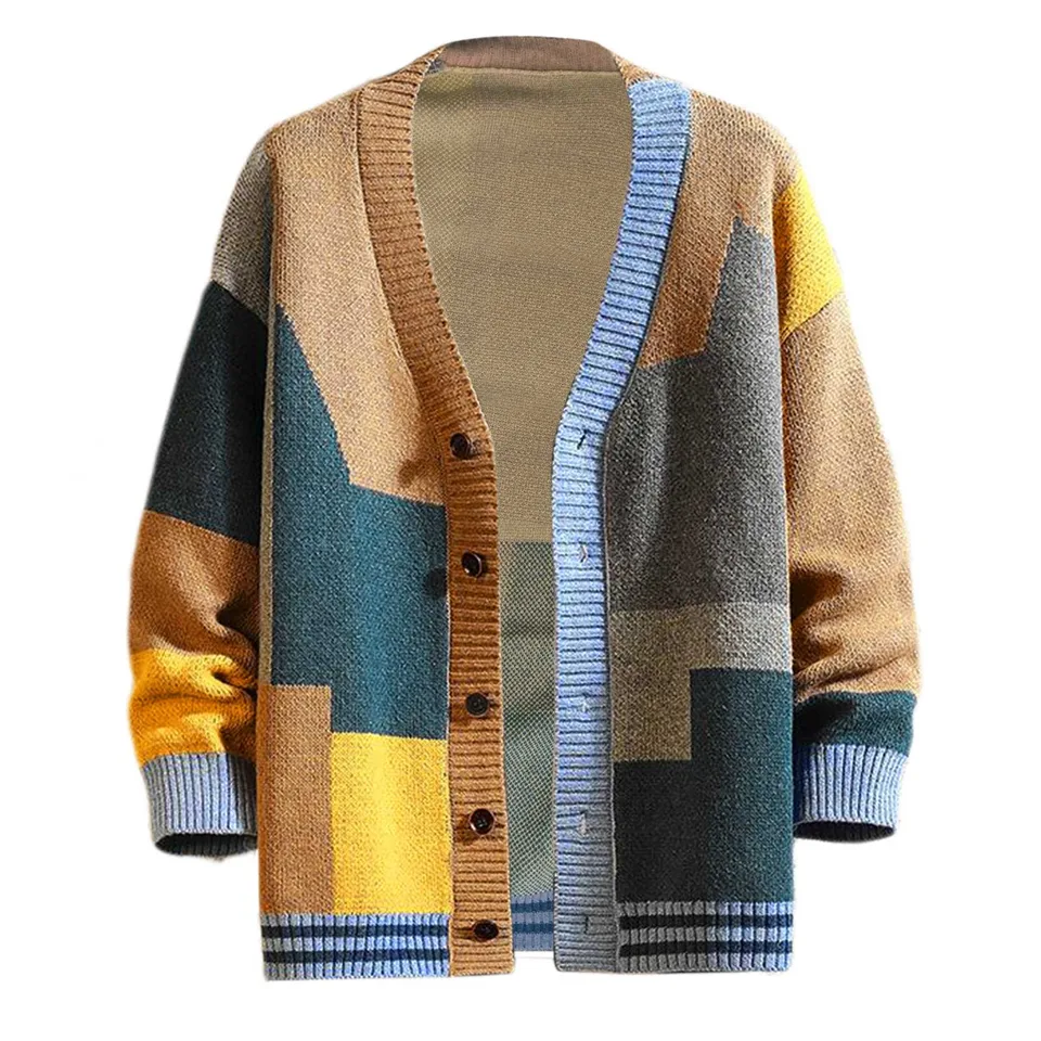 Color Spliced V Neck Men's Knit Cardigan Sweater