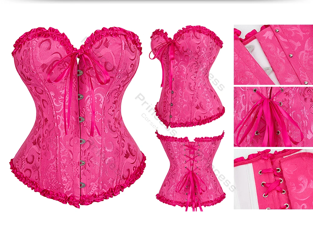 Viktorianisches Korsett-Oberteil in Übergröße, Überbrustkorsetts für Damen, sexy Korsett-Bustier, Schnürkorsett aus Jacquard, Y2K, Weiß, Rosa – Detail 25