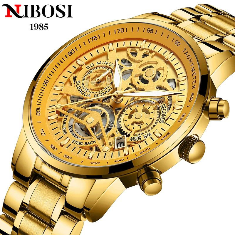 

NIBOSI Hot Men Watch Skeleton Quartz Wristwatch Gold Skeleton Retro Man Watch Top Brand Luxury Clock Mens Watches Reloj Hombre