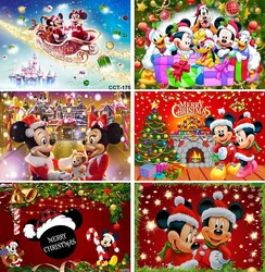 Mickey and Friends Christmas Backdrop Winter Snow Village Glitter Xmas Background Mickey Mouse for Kids Party Christmas Minnie