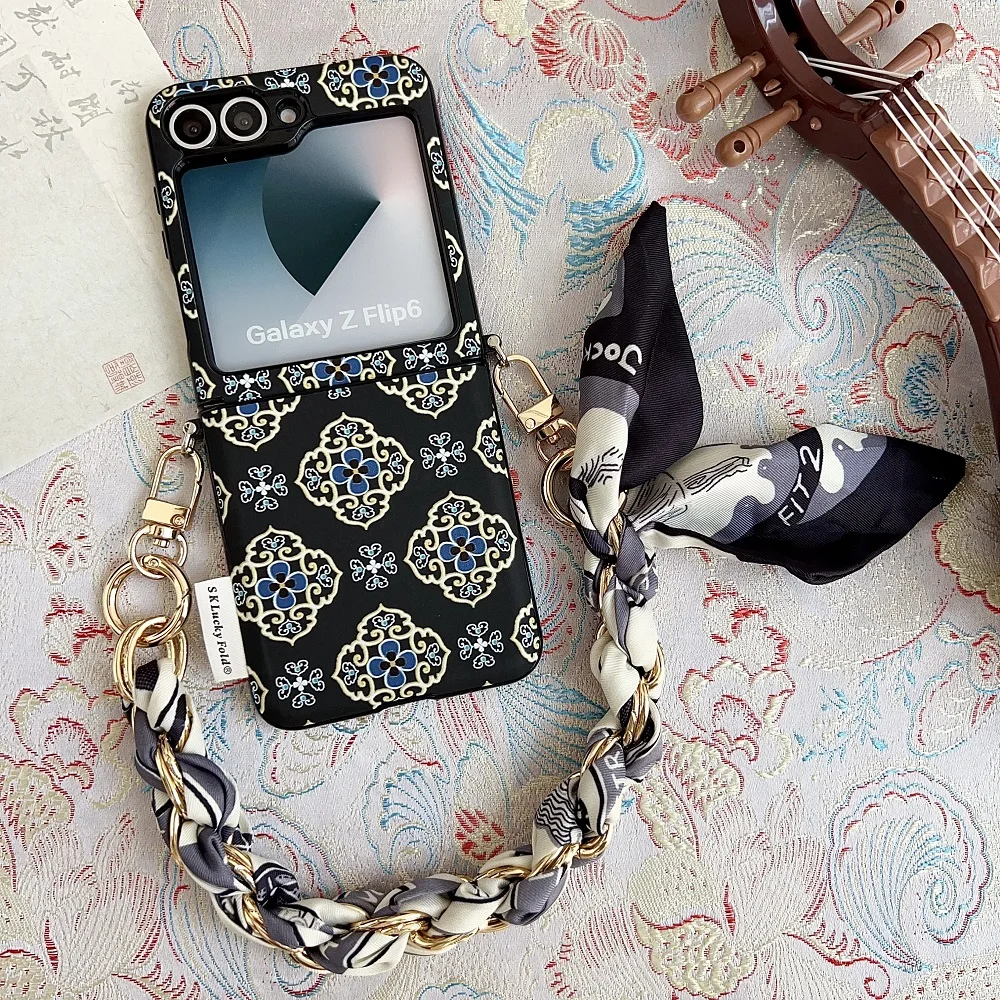 Luxury Embroidered Floral Phone Case with Ribbon Chain