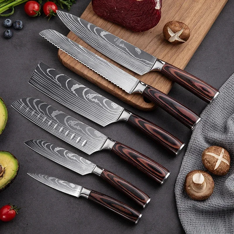 Kitchen Knives Set Stainless Steel Laser Damascus Japanese Chef Meat Slicing Utility Fruit Bread Boning Knife Scissors(1-11pcs)