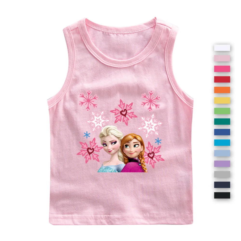 

Casual Girls Sleeveless Tank Top Frozen Elsa Anna Print Children Clothing Summer Disney Baby Kids 2-13 Years Pure Cotton T-shirt