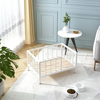 Dog Bed with Rails-Elevated Pet Metal Bed Frame with Solid Wood Board and Washable Soft Mat for Small Dog Indoor or Outdoor Use 4