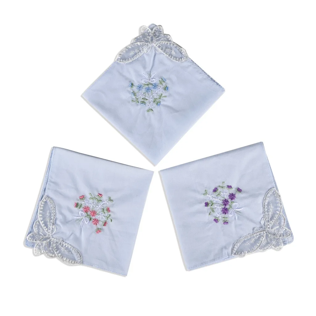 3PCS Luxury Cotton Women Hankies Embroidered Lace Flower Hanky Floral Random Color Cloth Ladies Handkerchief Fabrics