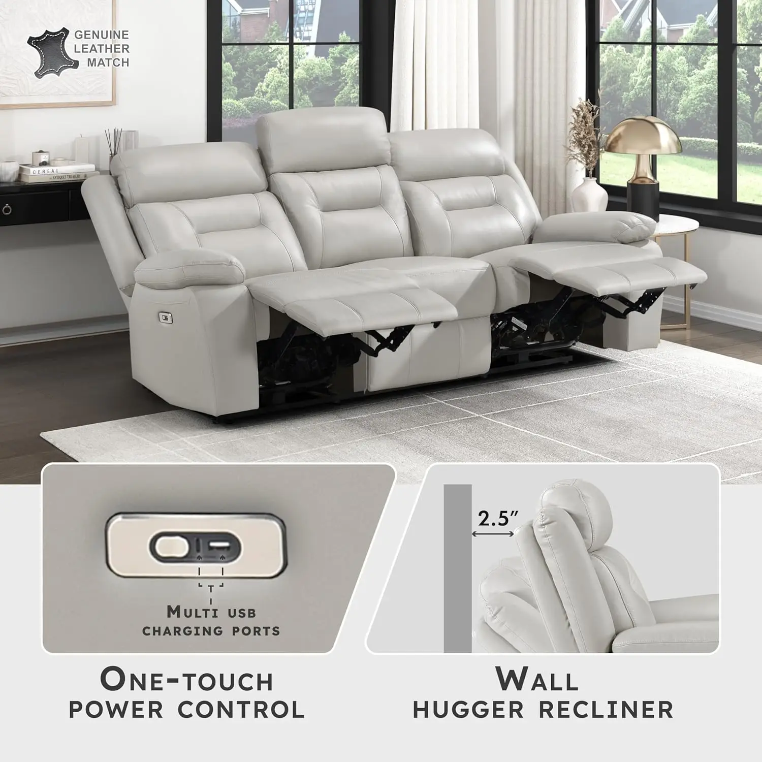 Power Double Recliner Sofa, Top Grain Leather Match Reclining Sofa with Pillow Top Armrests, Home Theater Seating, Wall Hugger