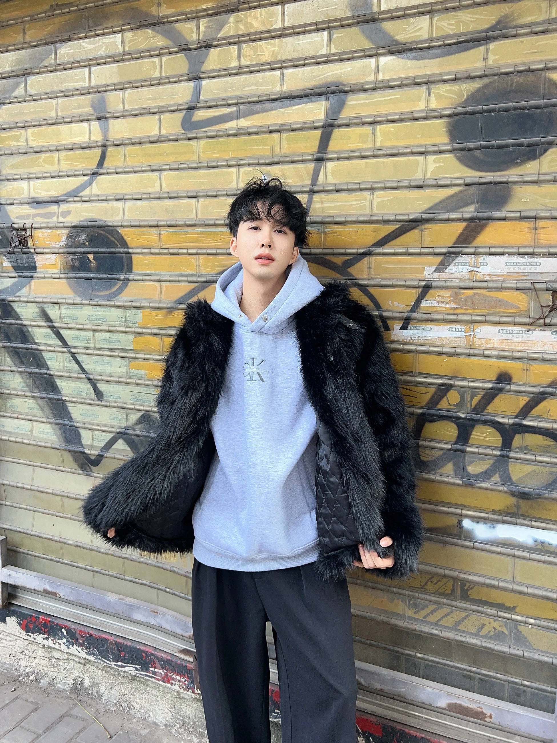 High-End Quilted Long Mink Fur Wool Coat Men's Winter Loose Warm Black Short Fashion Fur Cotton-Padded Long Sleeve Jackets