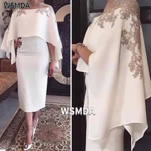 

2021 Elegant Mother of The Bride Dresses with Shawl Tea Length Lace Appliques Groom Mother Dresses for Weddings Formal Dress