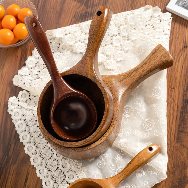 Spoon Solid Color Tableware Wooden Spoon Water Ladle Soup Snail Powder Long Handle Rice Scooping