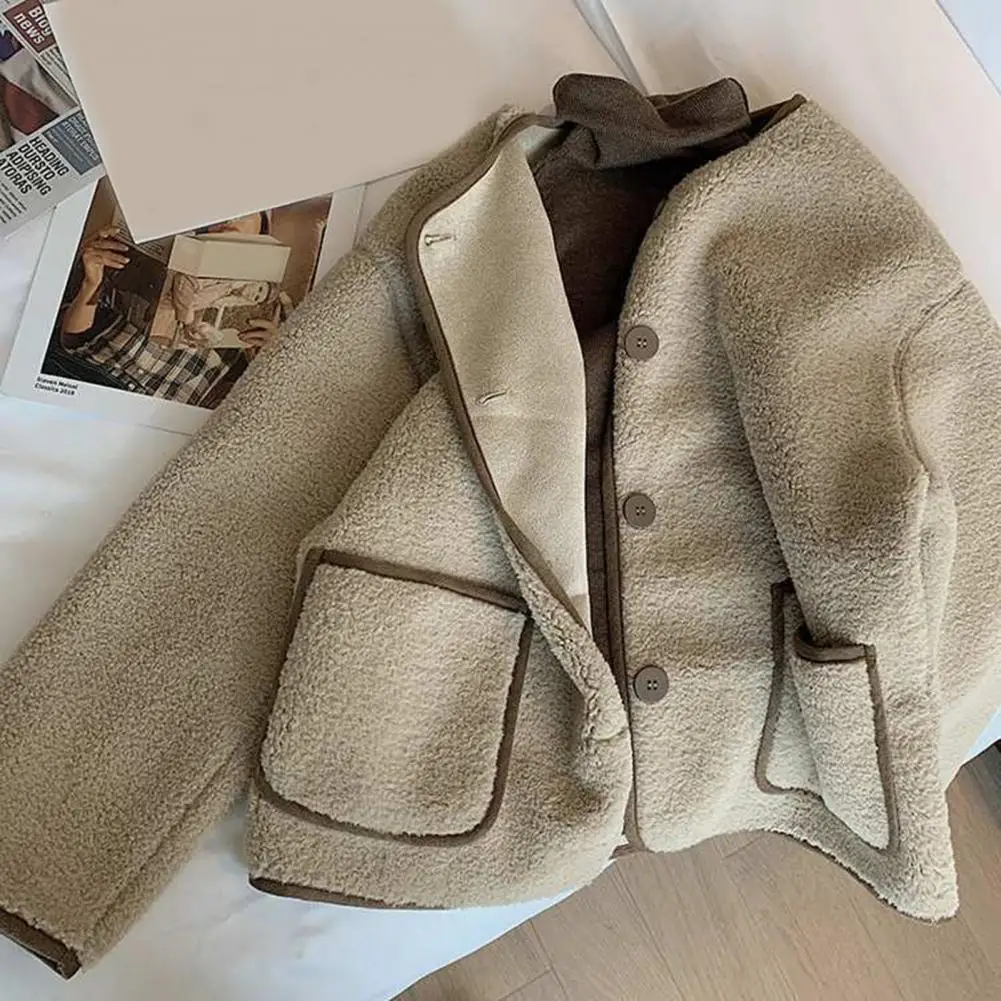 

Women Fall Winter Jacket Faux Shearling Round Neck Single-breasted Jacket Thick Loose Color Matching Buttons Cardigan Coat