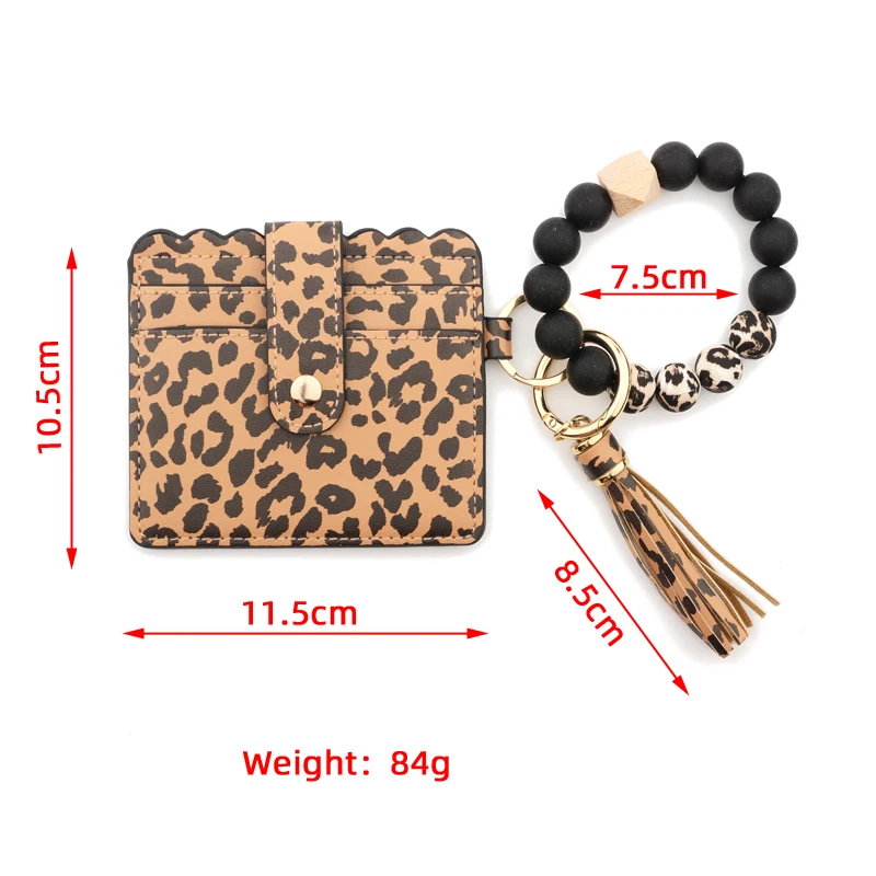 Silicone Bead Bracelet Solid Leather Card Bag Wristlet Keychain Silicone Beaded Bracelet Leather Tassel Wallet Bangle