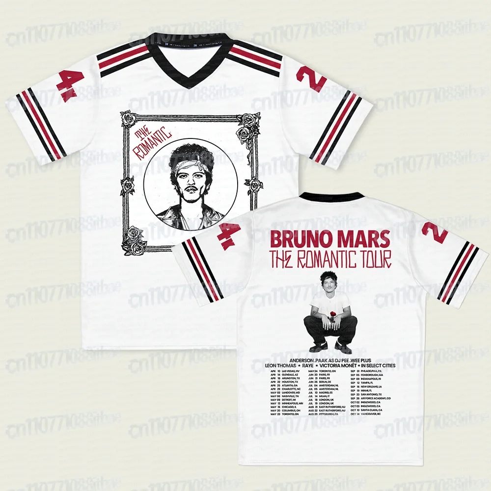 Bruno Mars The Romantic Tour 2026 V-neck Short Sleeve Loose Male Tees Summer Streetwear 3D Print Design Merch FamilyMatching