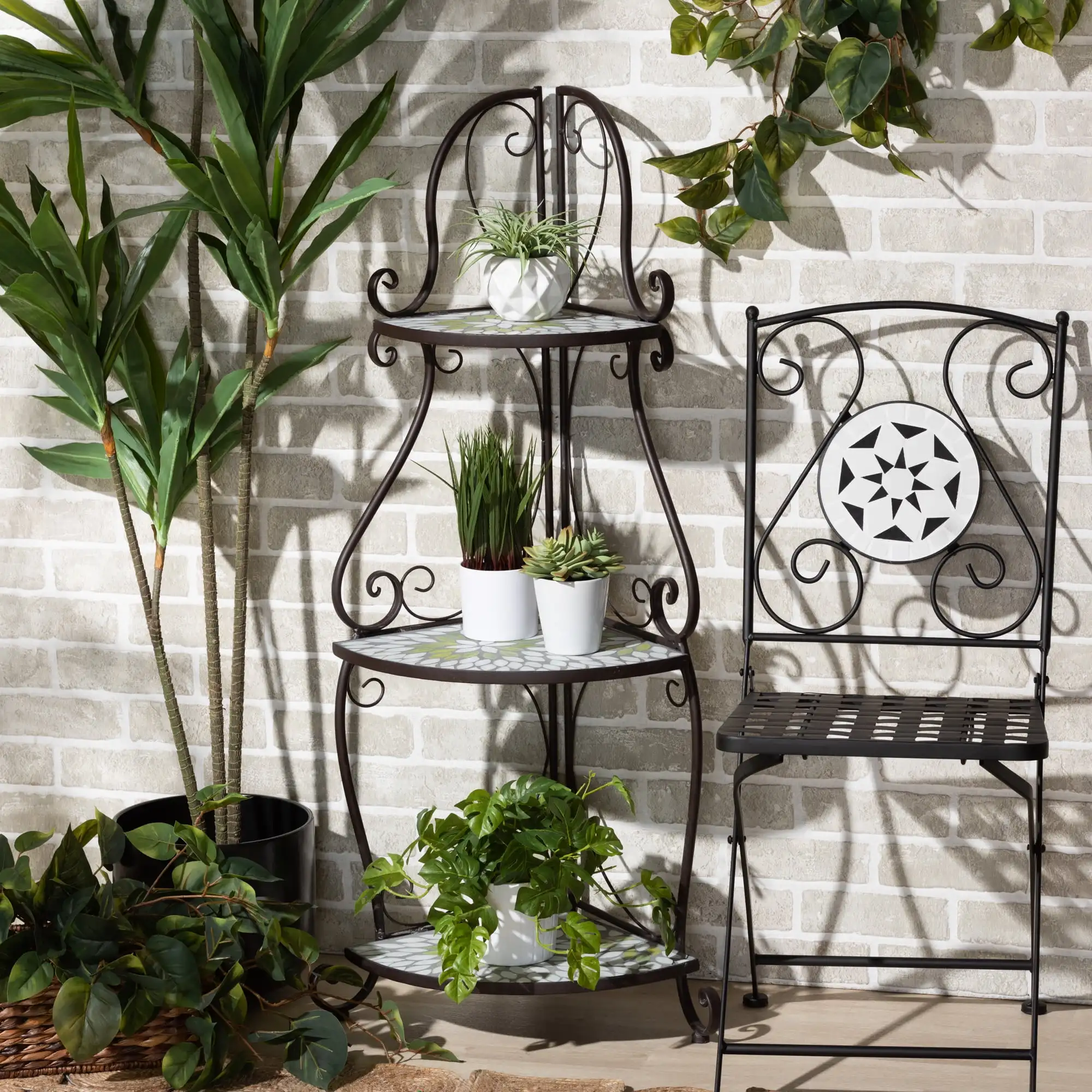 

Modern Multi-Colored Glass and Black Metal Plant Stand 3-Tier Potted Display Rack