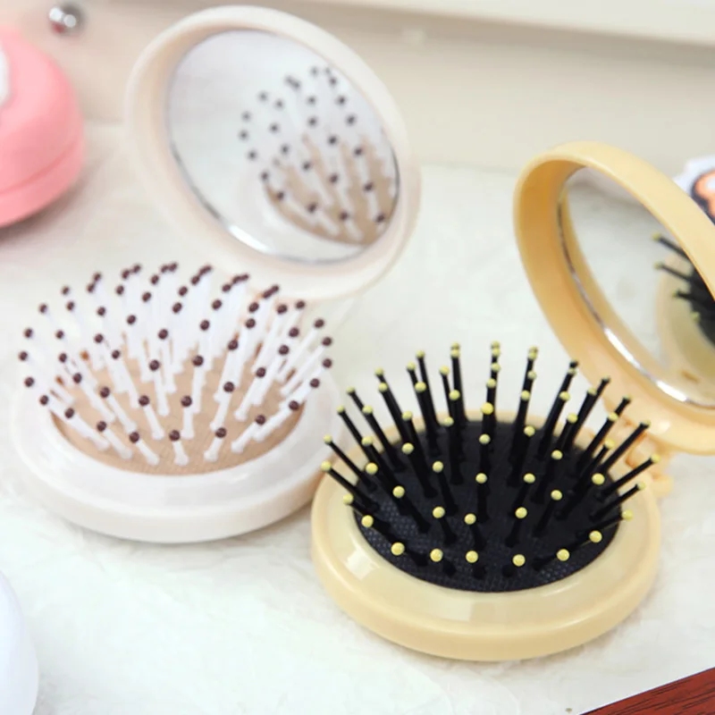 Cute Cartoon Macaron Folding Hair Comb Portable Folding Comb Kawaii 2 in 1 Folding Comb with Small Mirror Baby Makeup Supplies