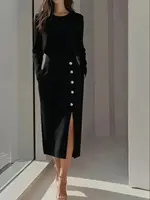 Women's  Solid Color Long Sleeves Elegant Midi Dress with Button Details and Side Slit - Crew Neck - Image 2