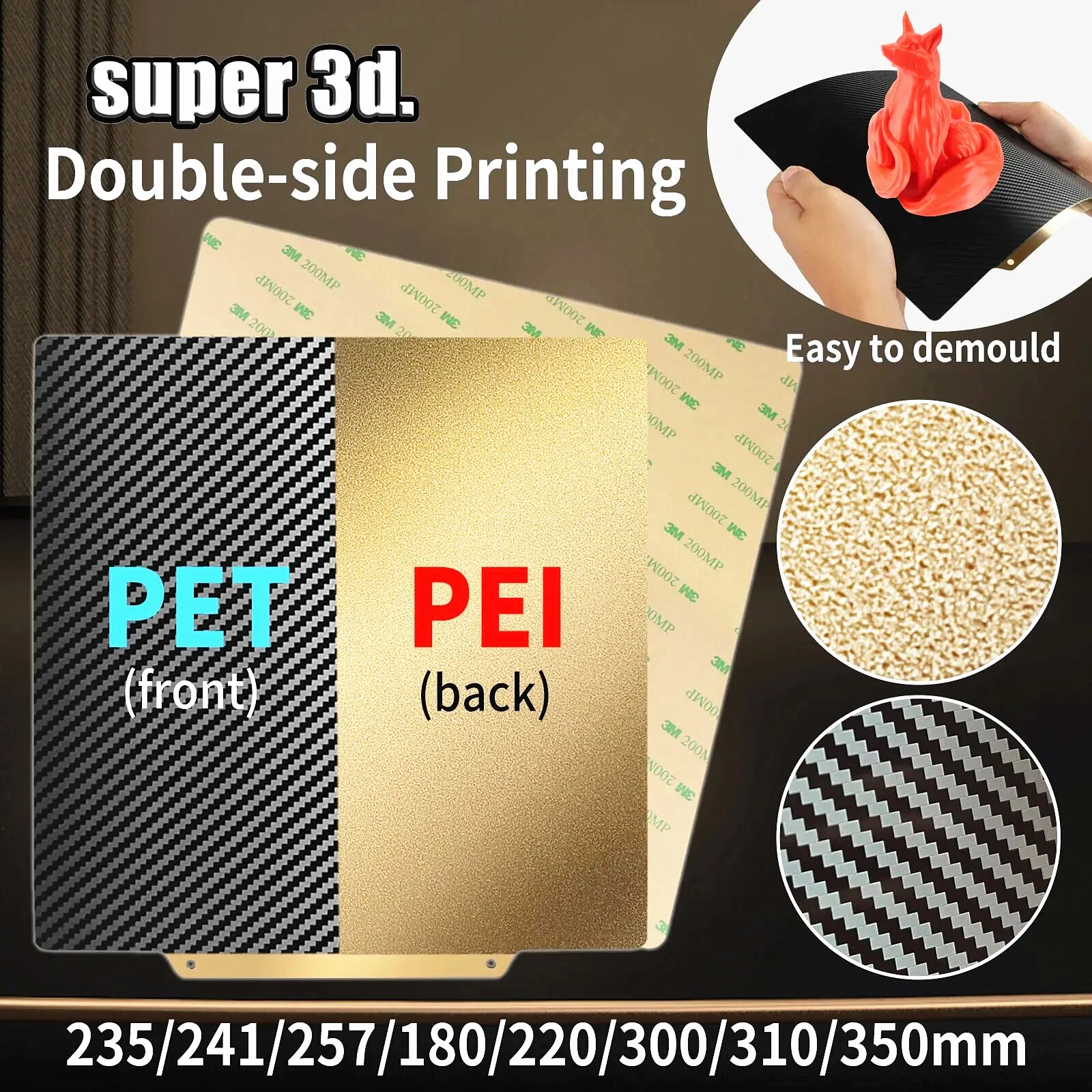 Double Side Pet Carbon Fiber e Pei Spring Steel Sheet Placa de Construção Magnética Heatbed para Ender P1p Upgrade 180 220 235 310350