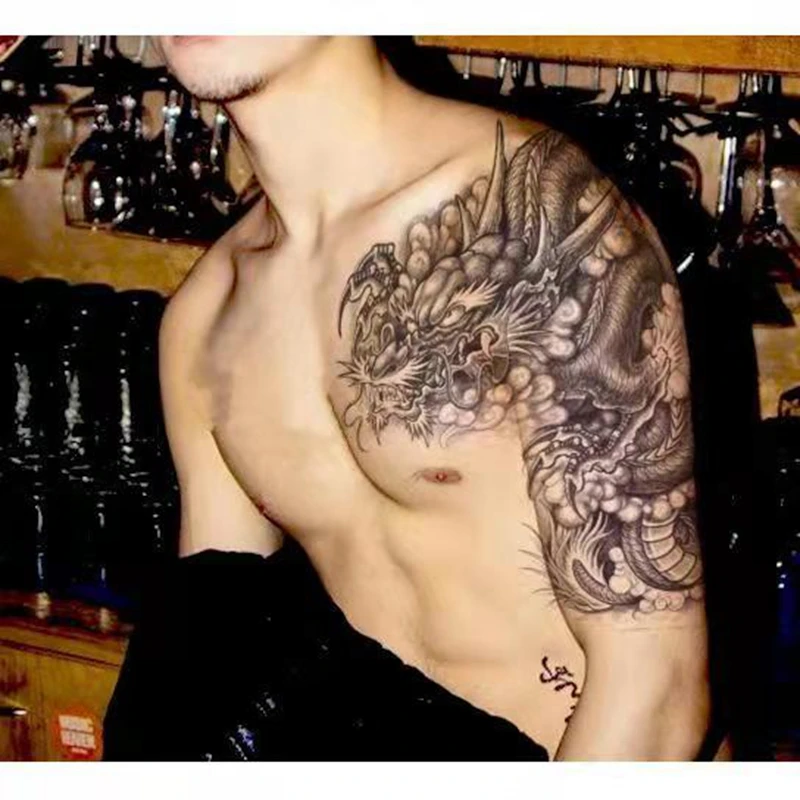 Waterproof Tattoo Sticker Male Half Shoulder Dragon Totem Breastplate Flame Flower Arm Art Fake Tattoo Black Big Size