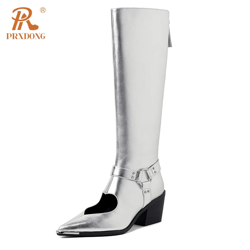 

PRXDONG Genuine Leather Shoes Woman Knee HIgh Boots Spring Autumn Pointed Toe CHunky Heels Black Silver Dress Party Casual Shoes