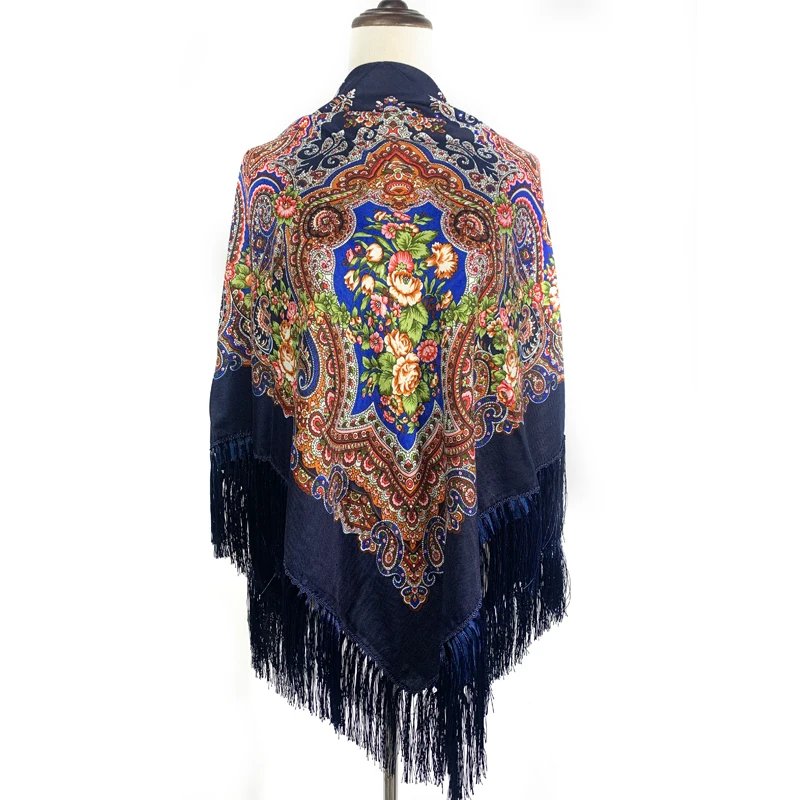 135*135cm Women Russian Shawl Square Blanket Scarf Ethnic Style Floral Printed Fringed Scarves Babushka Shawls Head Wraps