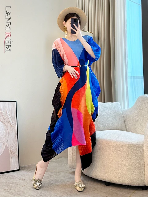 LANMREM Irregular Colorblock Spliced Design Women's Pleated Dress 2025 New Loose Causal Round Collar Half Sleeve Dresses 2DB2983