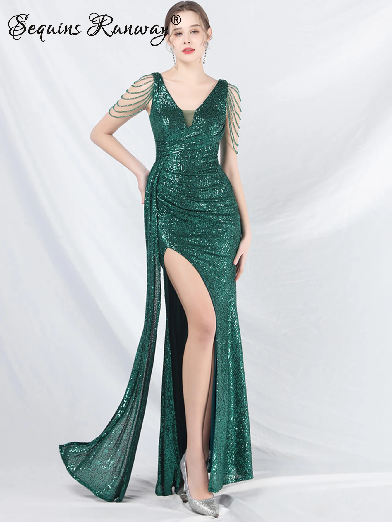 slim fit dress slacks Glitter V-Neck Maxi Dress Emerald Emerald / Medium