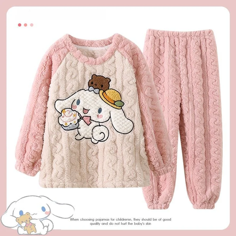 

Kawaii Kuromi Pajamas Anime Sanrio Cinnamoroll My Melody Cute Girl Plus Velvet Thicken Coral Fleece Keep Warm Tracksuit Suit New