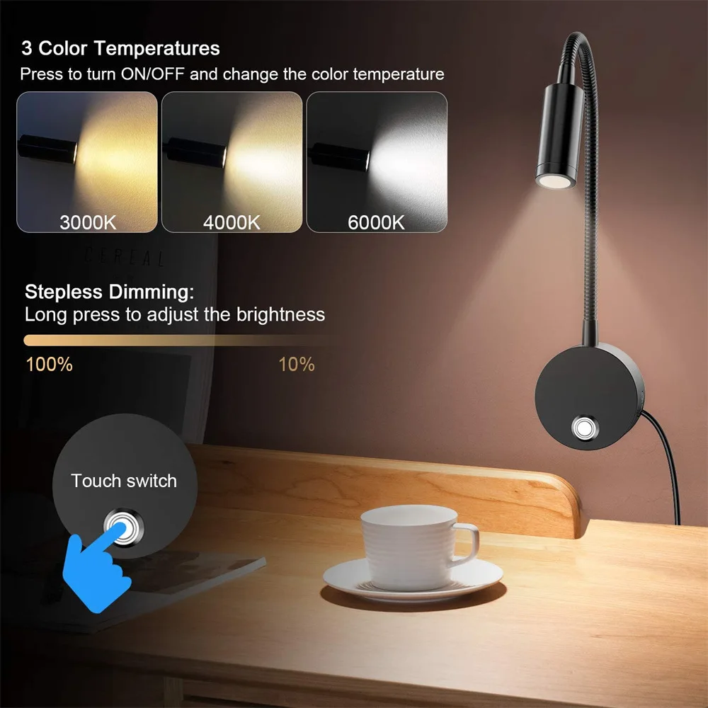 USB Bedside Wall Reading Lamp 2pcs 5V 3CCT Touch Dimming Longer 15" Gooseneck Read Working Study 3W LED Book Lights led light led wall lamp wall light led reading light