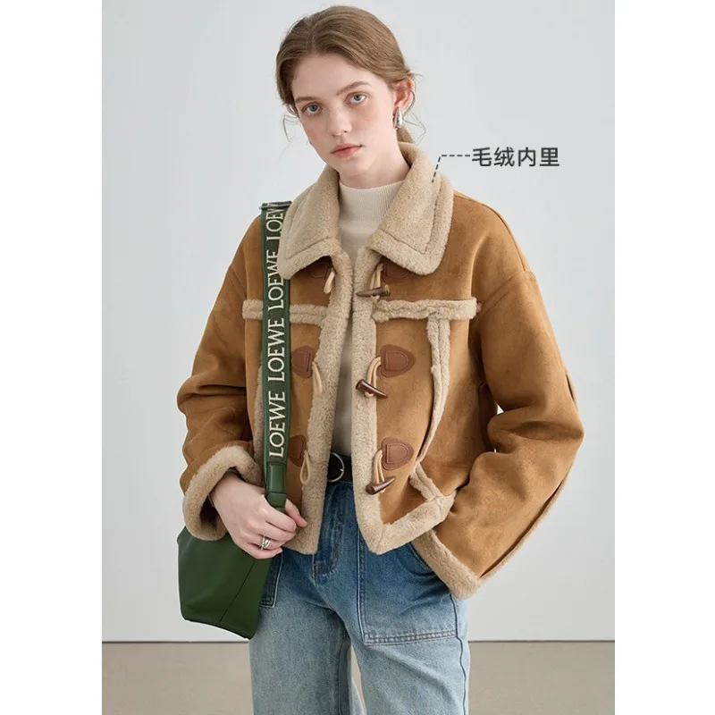 2023 Winter Vintage Style Single Breasted Turn Down Collar Short Jacket For Women Retro Outerwear Fashion Patchwork Coat