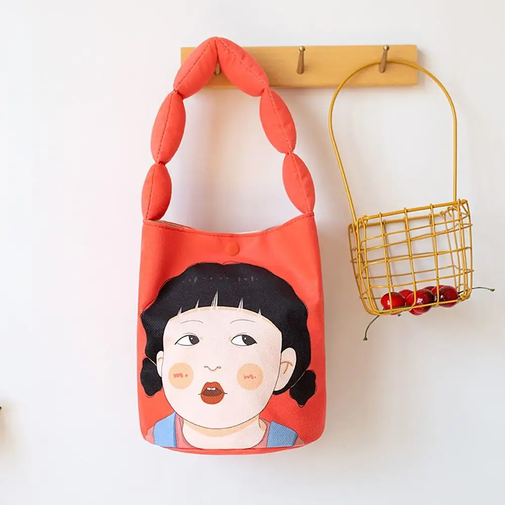 

Canvas Vintage Tote Bags Fashion Cartoon Girl Printed Large Capacity Cylinder Bags Big Handle Cute Underarm Handbag Girl