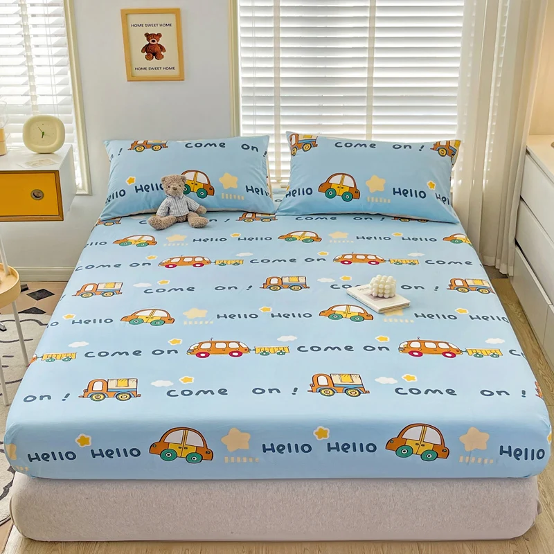 Cute Cartoon Car Fitted Sheet with 2 Pillow Case Cotton Lovely Vehicle Cars Bed Sheet Set for Kids Boys Light Blue Bed Cover 1