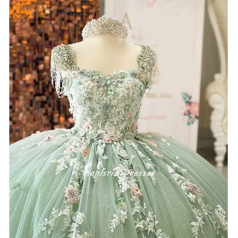 Mint Green Beading Tassel Quinceanera Dress Ball Gown Off The Shoulder 3D Flowers Appliques Corset Sweet 15 Vestidos De XV A&ntilde;os