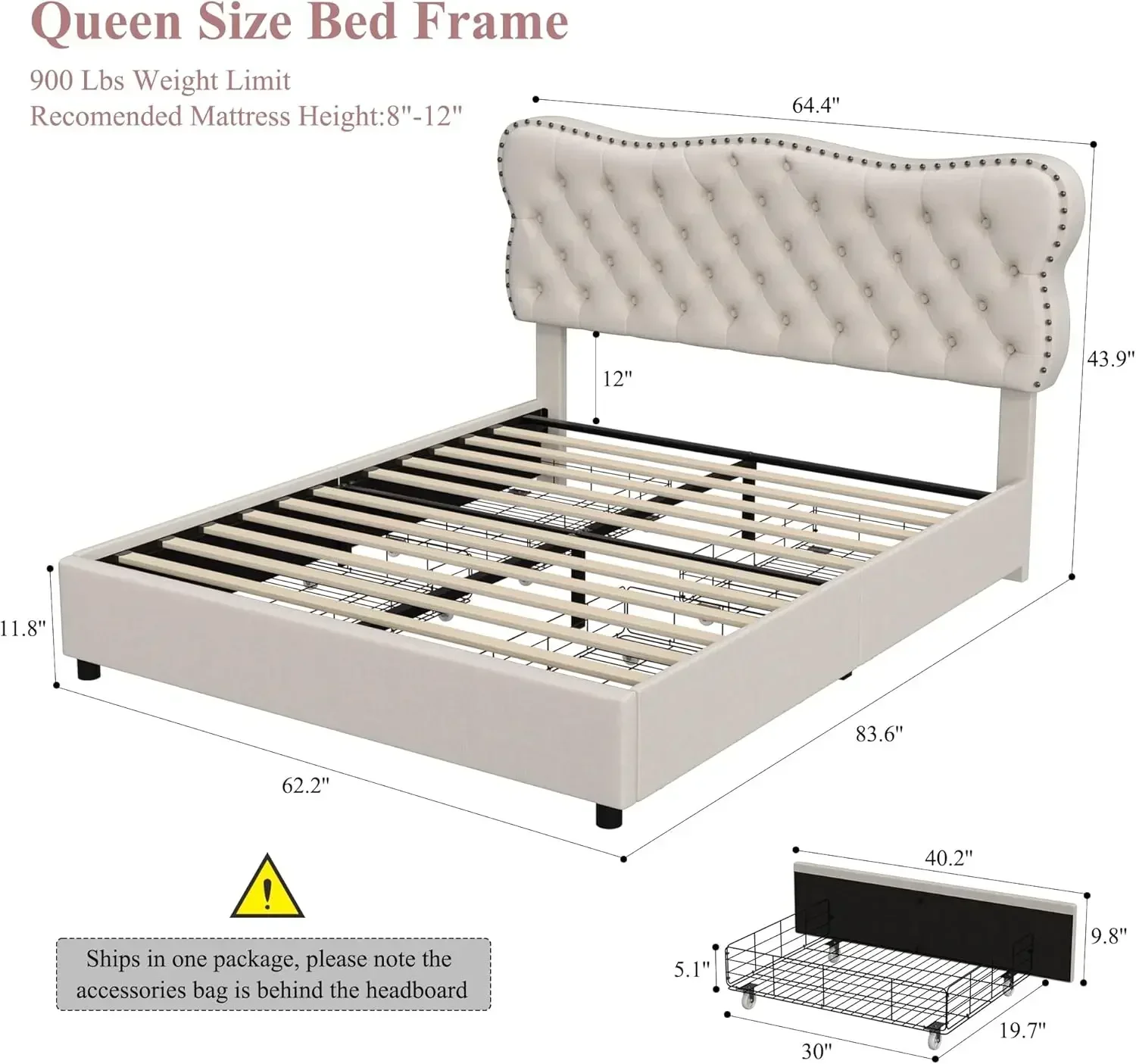 Queen Bed Frame with 4 Storage Drawers, Upholstered Platform Frame with Button Tufted Headboard
