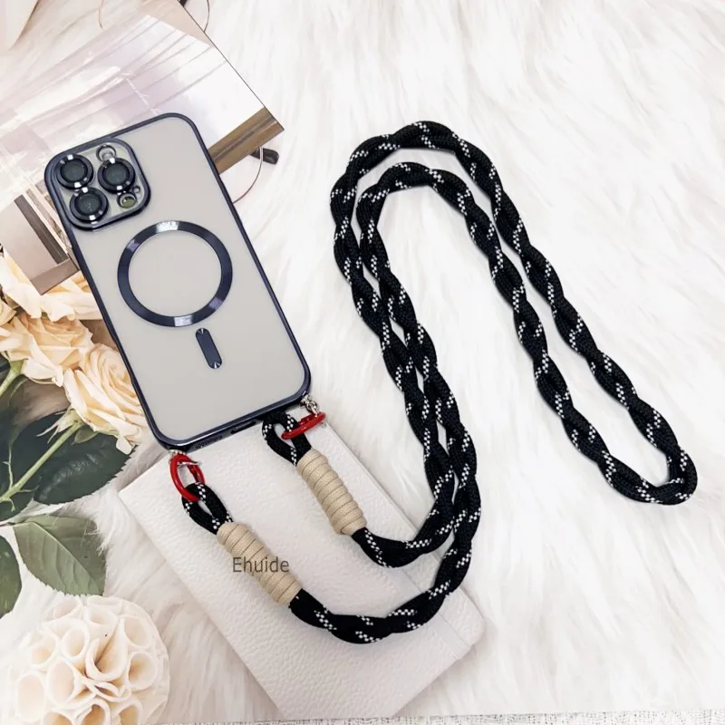 Magnetic Transparent Plating Case with Crossbody Lanyard Strap