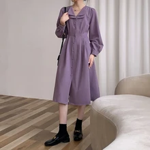 

QWEEK 2022 Korean Fashion Pueple Midi Dress Women Casual French Vintage Elegant Turn-down Collar Dresses Robes Female Spring