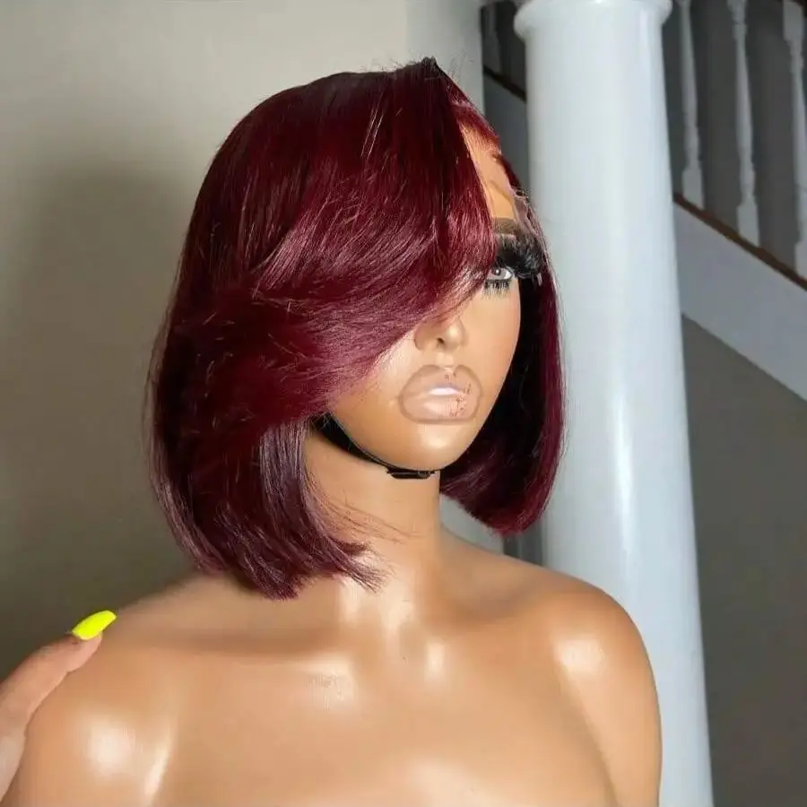 Burgundy 8-34 Inch 200% Straight Bob Wig 13x4 Transparent Lace Frontal Wig Human Hair 99J Red Colored Pre Plucked With Baby Hair 6