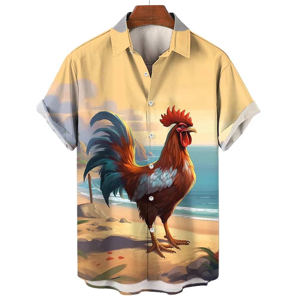 thumbnail image 1 of Camisa hawaiana elegante de manga corta con estampado de pollo de playa para hombre, estilo Harajuku Y2k, ropa informal de uso diario de gran tamaño, 1 of 5