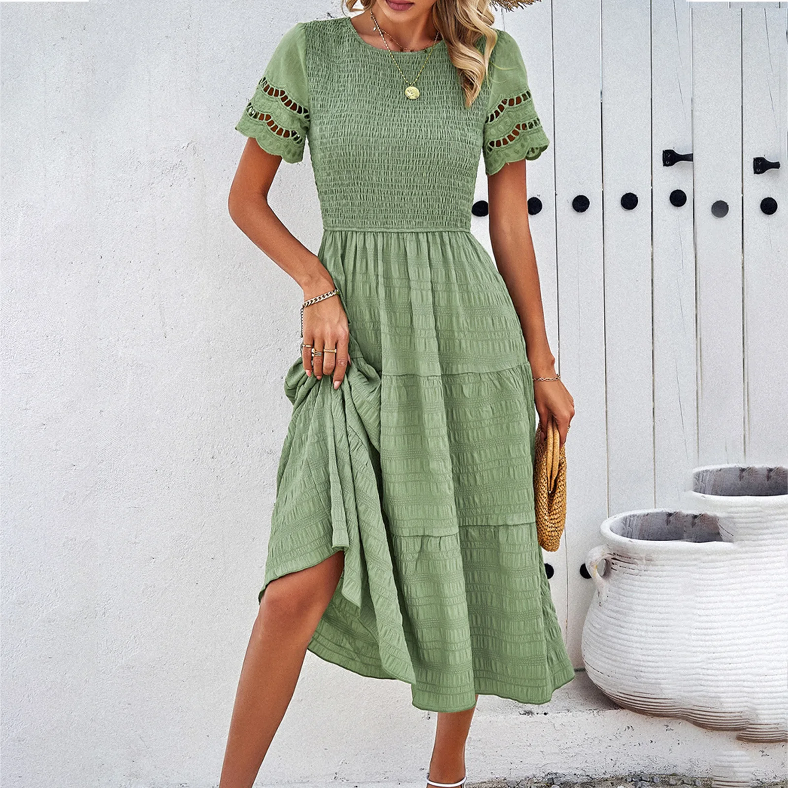 

High Quality Luxury Women's Clothing 2024 Spring/summer Solid Color Temperament Tie Up Hollow Out Dress Vestidos Elegantes Y2k