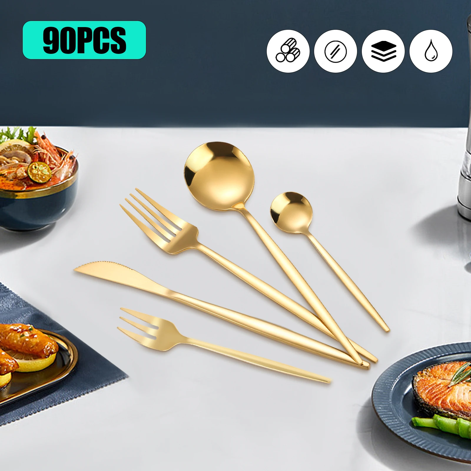 Gold Flatware Set Stainless Steel Silverware Utensil Kitchen Tableware Forks Knives Spoons Cutlery 90Pcs for Home Restaurant