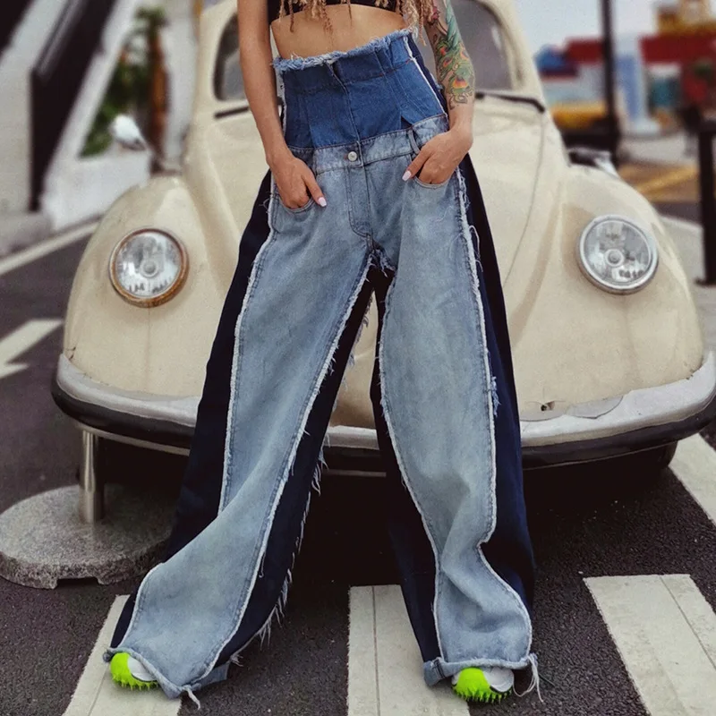 

Jeans Female New High Waisted Loose Fitting Appear Thin Color Matching Trousers Bell-bottoms Fashion Versatile Mop Pants Tide