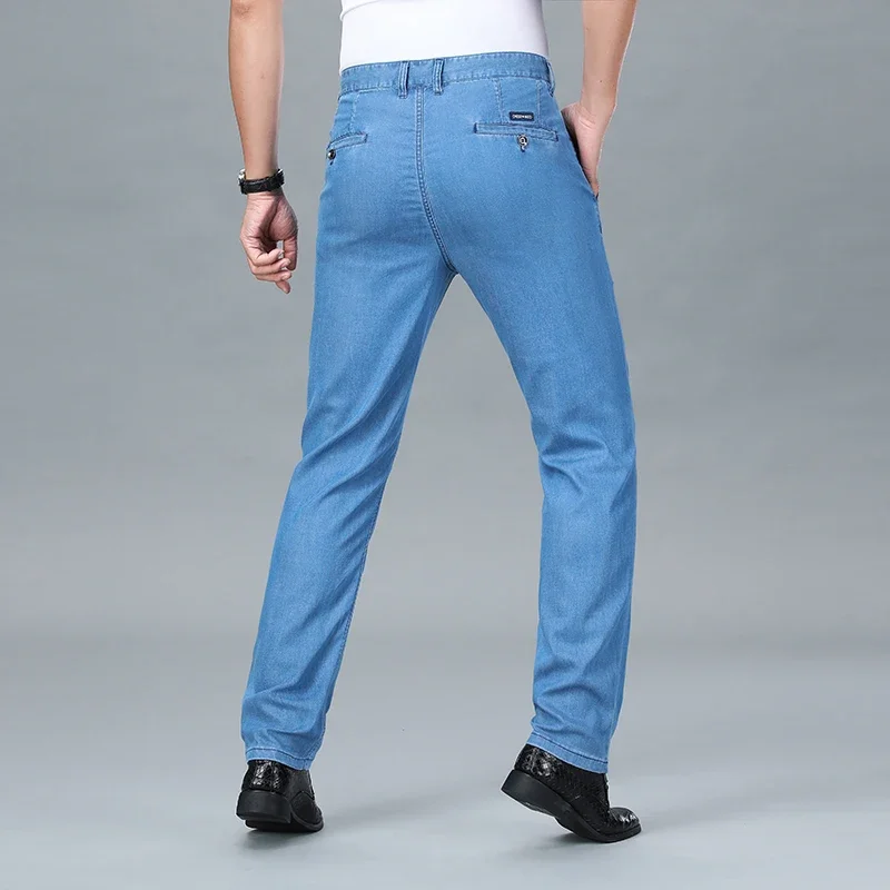 New Spring 2024 Men's Light Blue Stretch Straight Jeans Business Casual Denim Pants Modal Fabric Trousers Male Brand