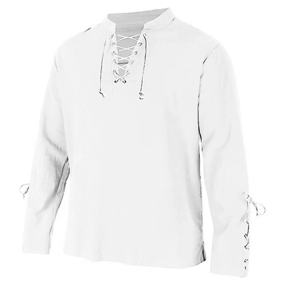 

Bandage Cuffs Shirt Vintage-inspired Men's Lace-up Stand Collar Shirts with Bandage Cuffs Loose Fit Solid Color Punk for Casual