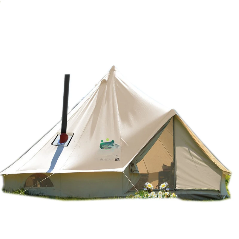 

4-Season Waterproof Cotton Canvas Large Family Camp Beige Color Bell Tent Hunting Wall Tent with Roof Stove Jack Hole