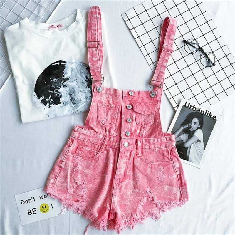 

2018 Hot Women Clothing Denim Playsuits Cotton Strap Rompers Shorts Loose Pink White Black Casual Overalls Female Shorts Rompers