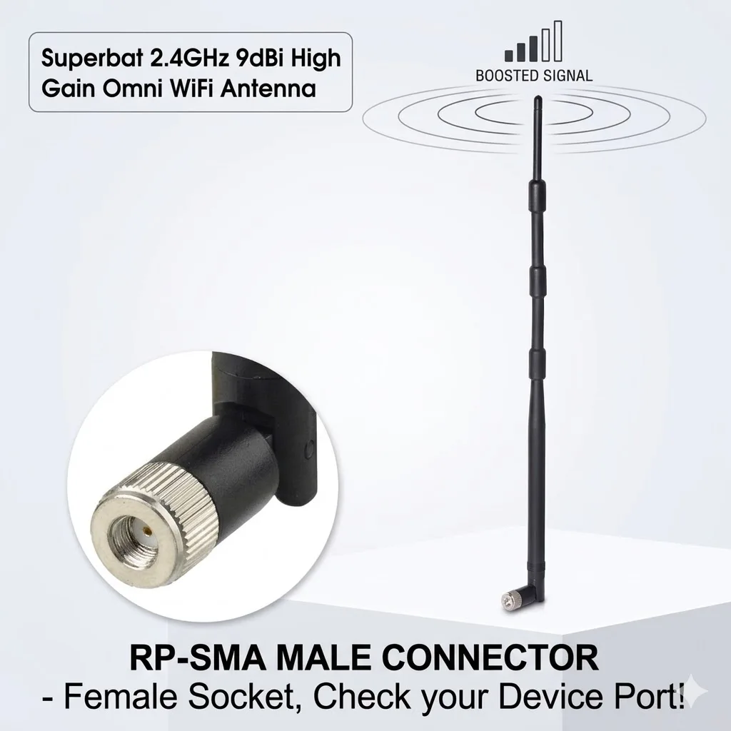 Superbat 9dbi 2.4GHz Omni Directional Vertical WiFi Antenna with RP-SMA Connector for Wireless LAN Card AP