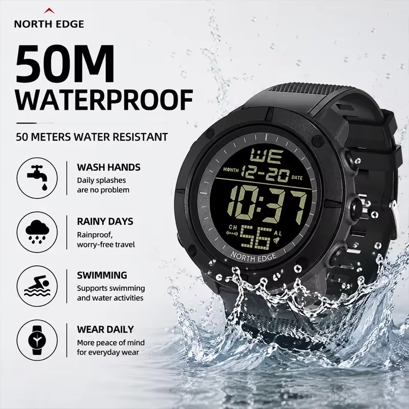 NORTH EDGE TANK Outdoor Men's Waterproof Watch with Alarm and EL Backlight Silicone Band
