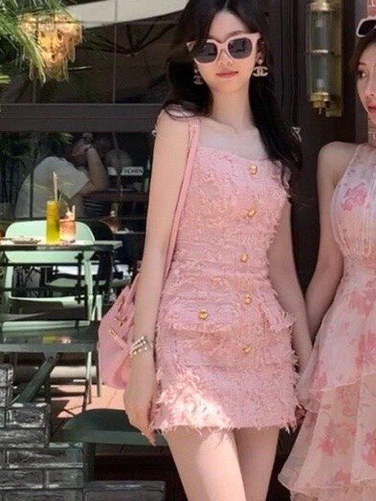 

New Korean Fashion Clothing 2023 Spring Summer Elegant Single Breasted Pink Wool Dresses For Women Spaghetti Strap Mini Dress