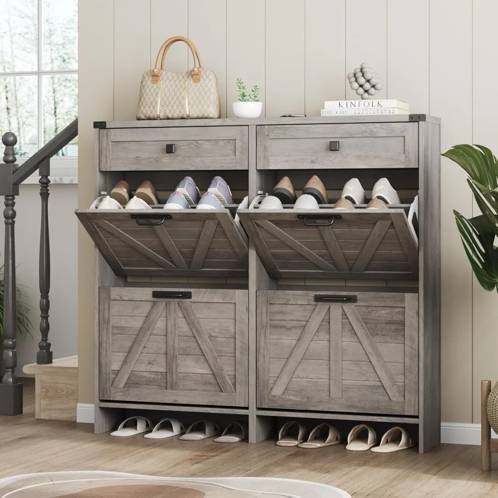 Shoe Cabinet with 4 Flip Drawers & 2 Drawers,Farmhouse Shoe Storage Cabinet for Entryway,Slim Freestanding Organizer Rack