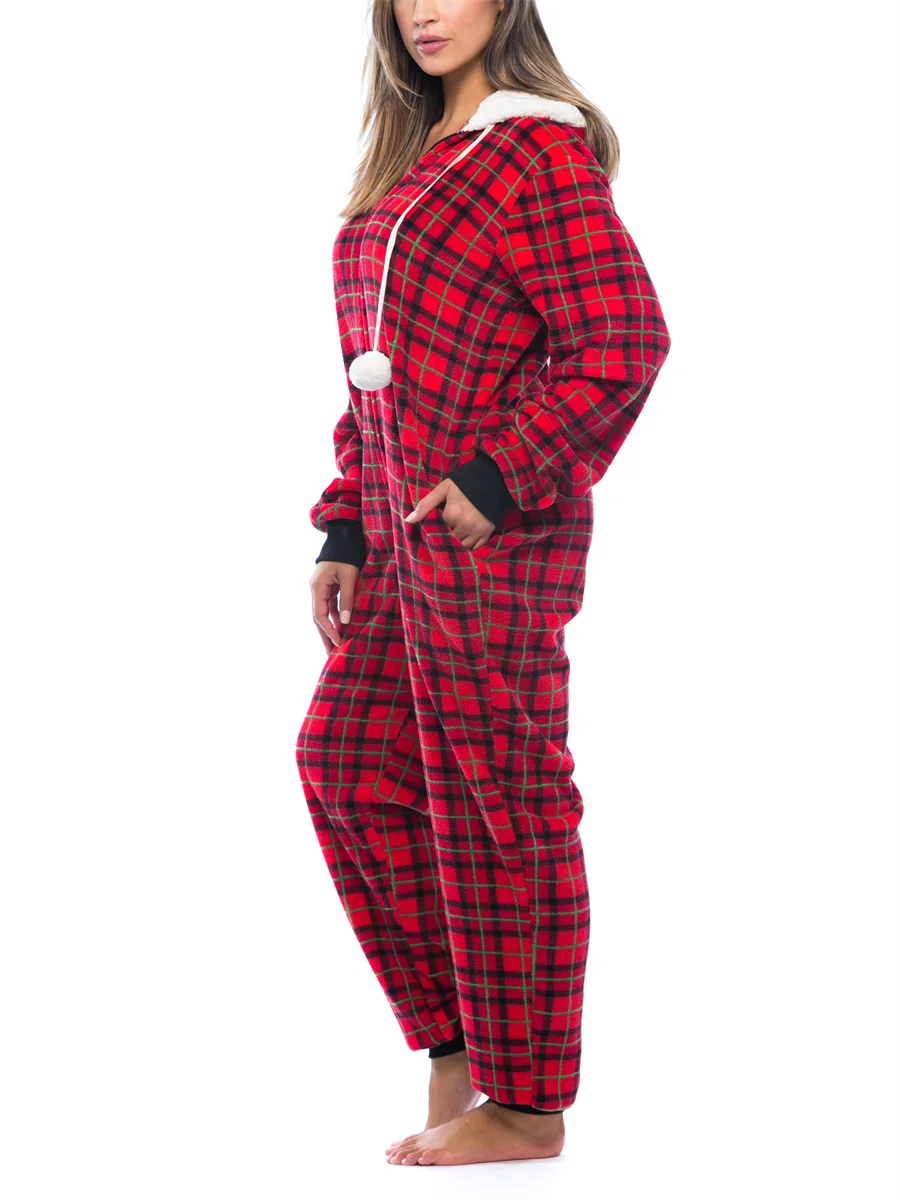 Christmas Jumpsuit Pajamas Women Plaid Print Warm Long Sleeve Sleepwear Xmas Cute Zipper Up Hooded Overall Rompers
